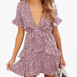 Deep V Neck Floral print dress short sleeves mini dress with ruffle hem pink